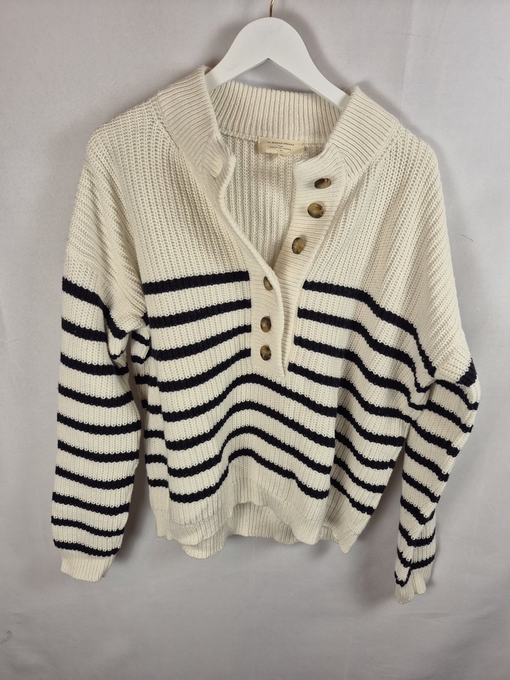 Sezane Cream Sweater with Black Stripes and Button Placket Size Xl